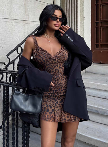 Sexy Hot Girl Ear Lace Leopard Print Low-cut V-neck Birthday Skirt Homecoming Dress cc3698