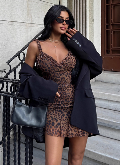 Sexy Hot Girl Ear Lace Leopard Print Low-cut V-neck Birthday Skirt Homecoming Dress cc3698