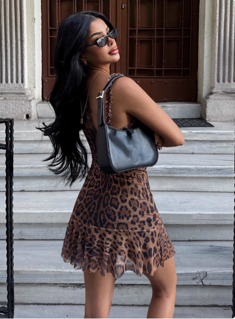 Sexy Hot Girl Ear Lace Leopard Print Low-cut V-neck Birthday Skirt Homecoming Dress cc3698