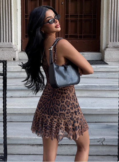 Sexy Hot Girl Ear Lace Leopard Print Low-cut V-neck Birthday Skirt Homecoming Dress cc3698