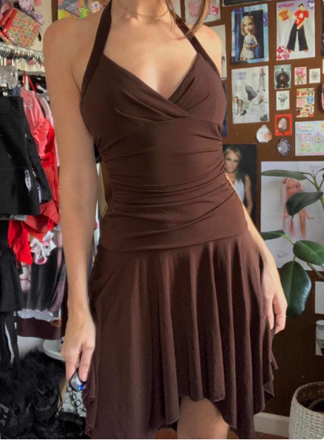 Irregular Halter Neck V-neck Brown Waisted Birthday Short Skirt Homecoming Dress cc3699