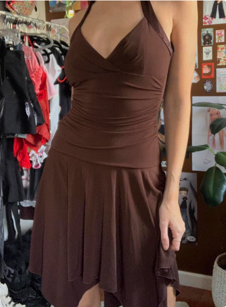 Irregular Halter Neck V-neck Brown Waisted Birthday Short Skirt Homecoming Dress cc3699