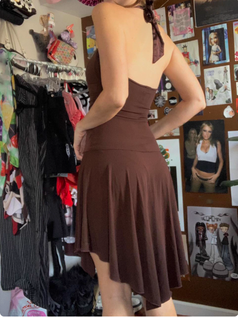 Irregular Halter Neck V-neck Brown Waisted Birthday Short Skirt Homecoming Dress cc3699