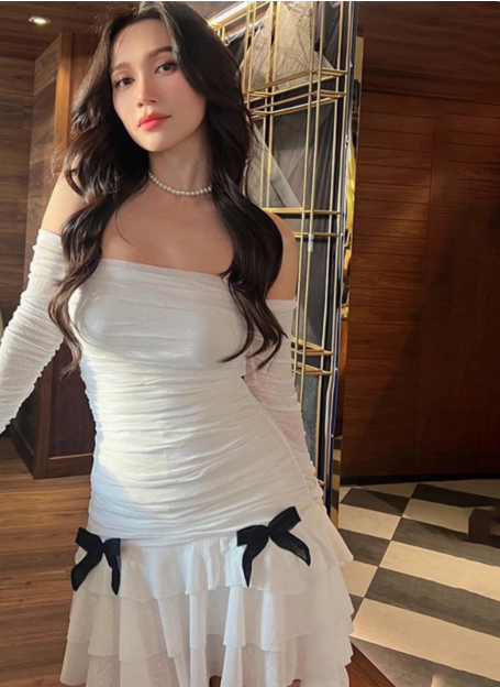 Sweet Bow Pleated Mesh Ruffle Hip Birthday Skirt Homecoming Dress cc3702