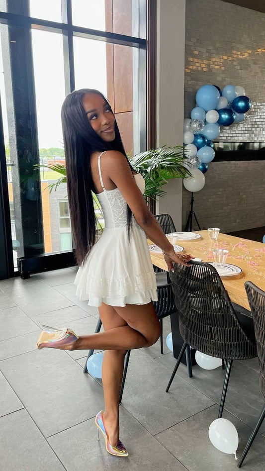 Sweet White Suspender Herringbone A-line 17th Birthday Homecoming Dress cc3705