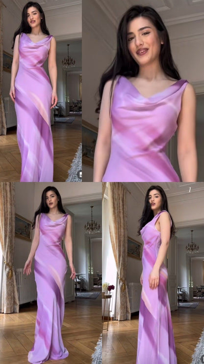 Elegant Purple Swing Collar Fitted Long Satin Prom Dress Evening Dress cc5087
