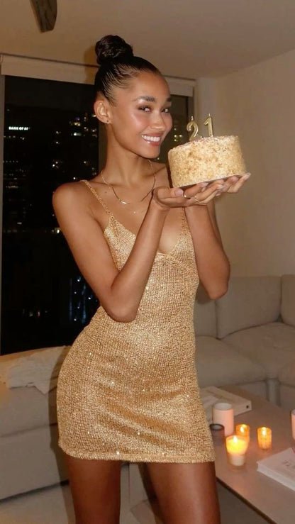 21st Birthday Strappy V Neck Gold Sequin Homecoming Dress cc3722
