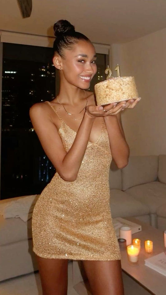 21st Birthday Strappy V Neck Gold Sequin Homecoming Dress cc3722