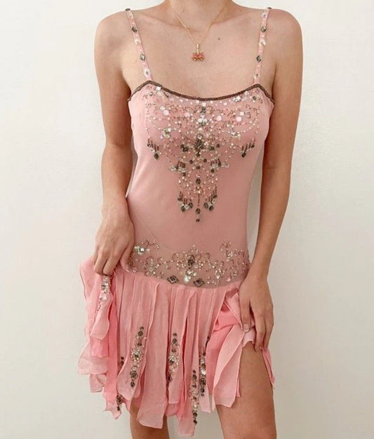 Sweet Retro Pink Beads Irregular Ruffle Chiffon 17th Birthday Homecoming Dress cc4388