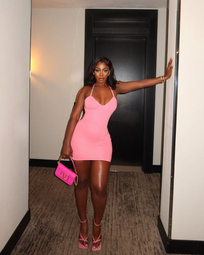 Sexy Pink Halter Neck Slim Fit Hip 21st Birthday Homecoming Dress cc3734