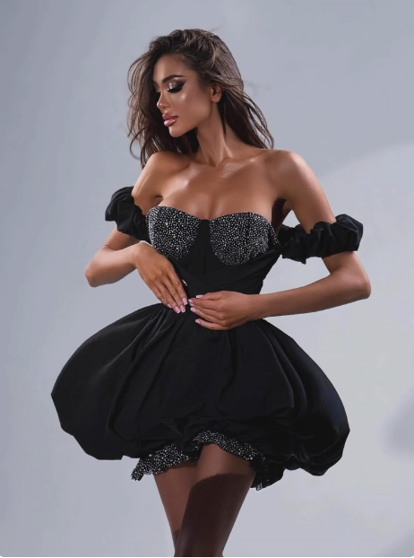 17th Birthday One Shoulder Black Puffy Rhinestone Homecoming Dress cc3739