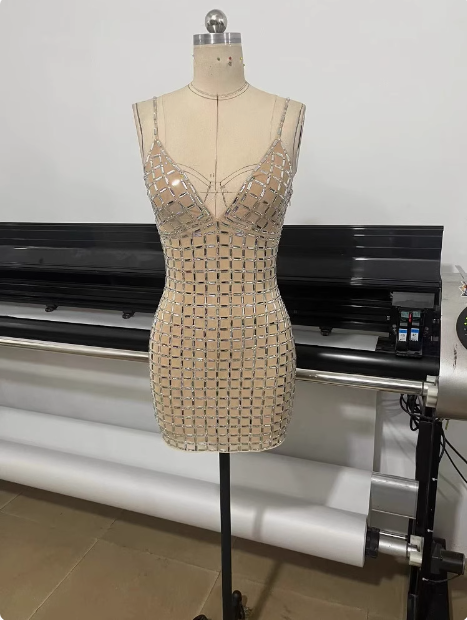 Sexy Rhinestone Mesh Deep V Strap Homecoming Dress cc3740