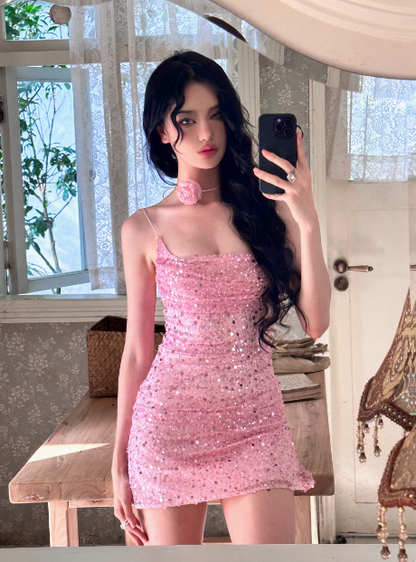 Shiny Pink Sequined Suspender Tube Top Hip 17th Birthday Homecoming Dress cc3745
