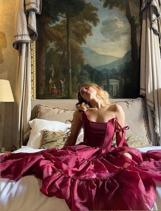 Retro Palace Burgundy A-line Bow Strap Organza Tea-length Prom Dress Evening Dress 17th Birthday Dress cc4739