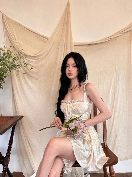 French Retro Lace Suspenders Dark Satin A-line 21st Birthday Homecoming Dress cc3746