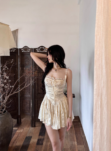 French Retro Lace Suspenders Dark Satin A-line 21st Birthday Homecoming Dress cc3746