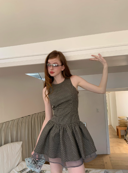 Retro Grey Polka Dot Sleeveless A-line 17th Birthday Homecoming Dress cc3749