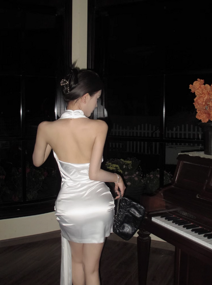 Elegant Satin Backless Halter Neck White Slim Fit Birthday Short Skirt Homecoming Dress cc3751
