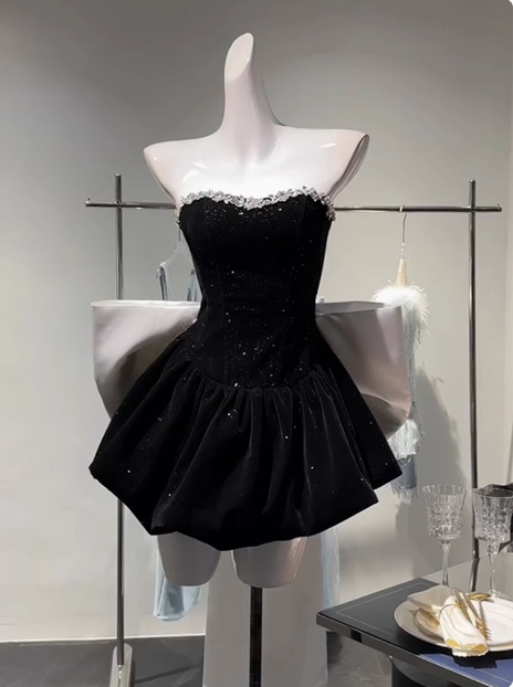Sweet Tube Top Black Velvet Bow 19th Birthday Homecoming Dress cc3754