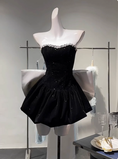 Sweet Tube Top Black Velvet Bow 19th Birthday Homecoming Dress cc3754