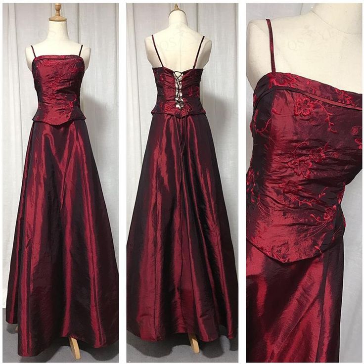 Vintage Elegant Burgundy A-line Spaghetti Straps Embroidered Satin Long Prom Dress Evening Dress cc5092