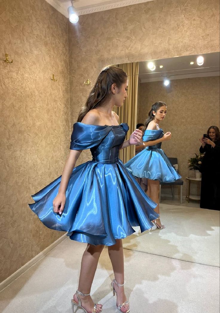 Elegant Blue One-shoulder Puffy Satin 16th Birthday Homecoming Dress cc4392