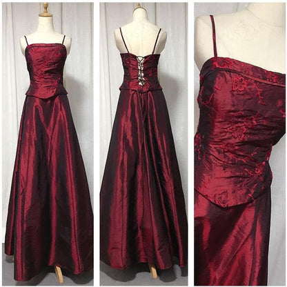 Vintage Elegant Burgundy A-line Spaghetti Straps Embroidered Satin Long Prom Dress Evening Dress cc5092