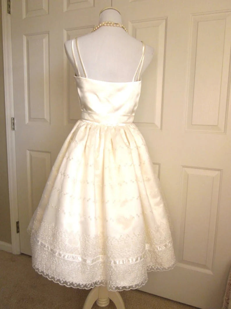 Cute Ivory Strappy Satin Lace Trim A-line Birthday Dress Homecoming Dress cc3766