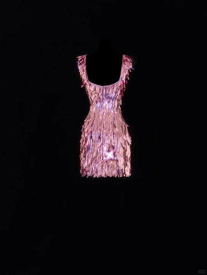 Gorgeous Pink Square Neck Sequin Tassel Slim Birthday Party Homecoming Dress cc4393