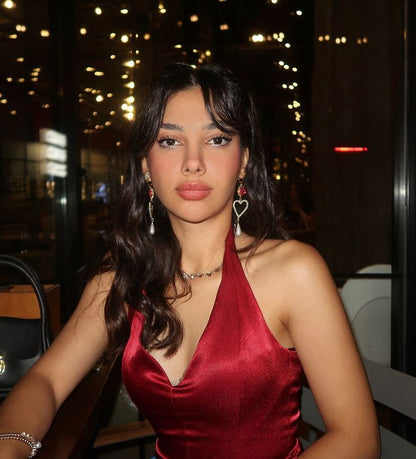 Elegant Burgundy V-neck Halter Satin A-line Birthday Short Skirt Homecoming Dress cc3781