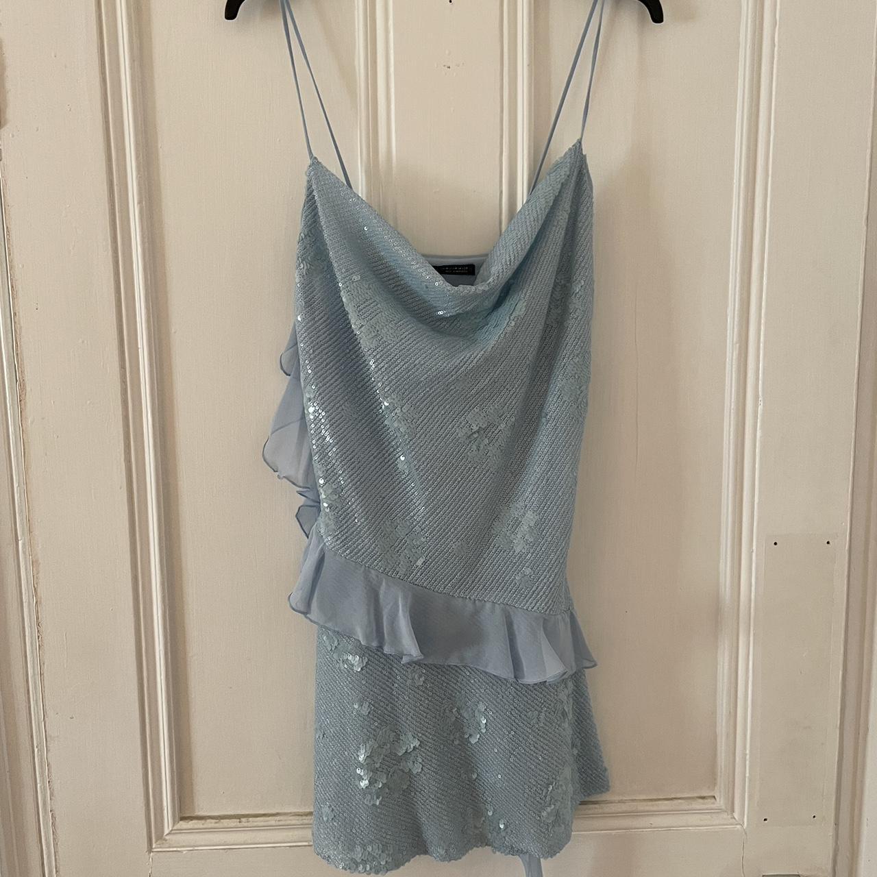 Beautiful Swing Neck Strap Sequin Blue Ruffle 17th Birthday Homecoming Dress cc3782