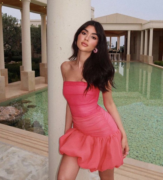 Sweet Pink Tube Top Flower Bud 17th Birthday Homecoming Dress cc3793