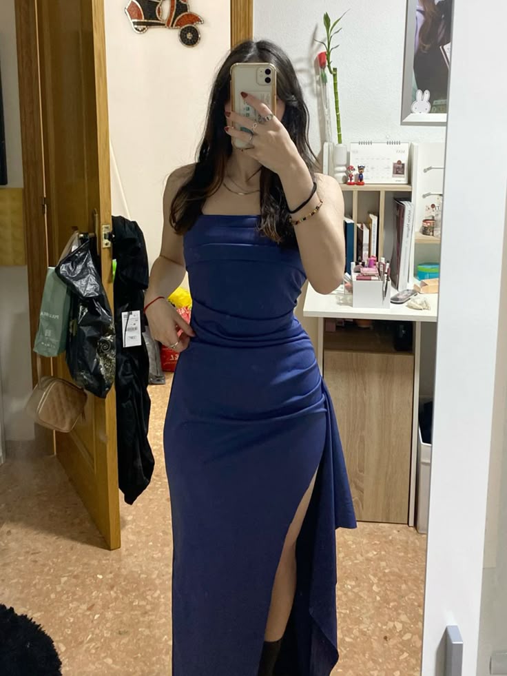 Simple Navy Blue Strapless High-Slit Satin Long Prom Dress Evening Dress Bridesmaid Dress cc5095