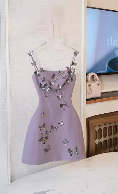 Charming Purple Butterfly Strap Satin 17th Birthday Homecoming Dress cc3800