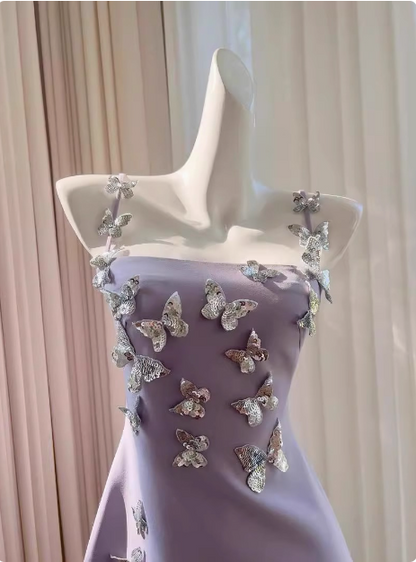 Charming Purple Butterfly Strap Satin 17th Birthday Homecoming Dress cc3800