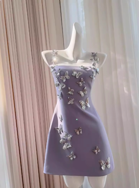 Charming Purple Butterfly Strap Satin 17th Birthday Homecoming Dress cc3800