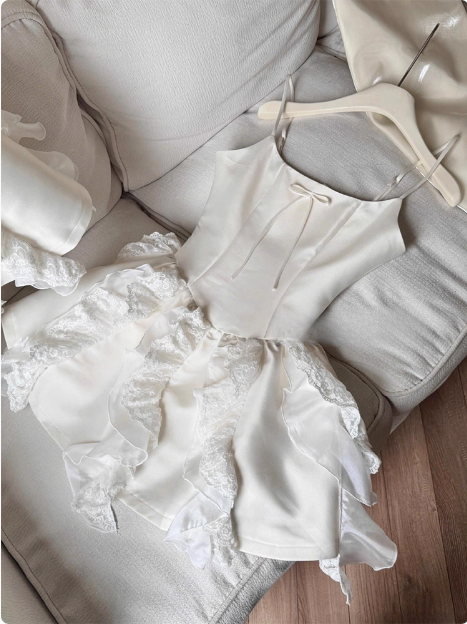 Sweet White Bow Satin Lace Ruffled 17th Birthday Homecoming Dress cc3801