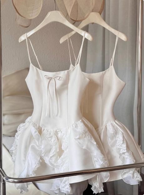 Sweet White Bow Satin Lace Ruffled 17th Birthday Homecoming Dress cc3801