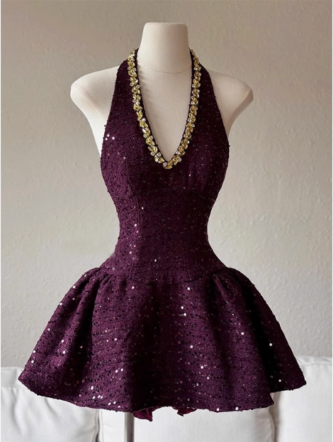 Heavy Diamond Purple Sequined Halter Neck A-line 19th Birthday Homecoming Dress cc3803