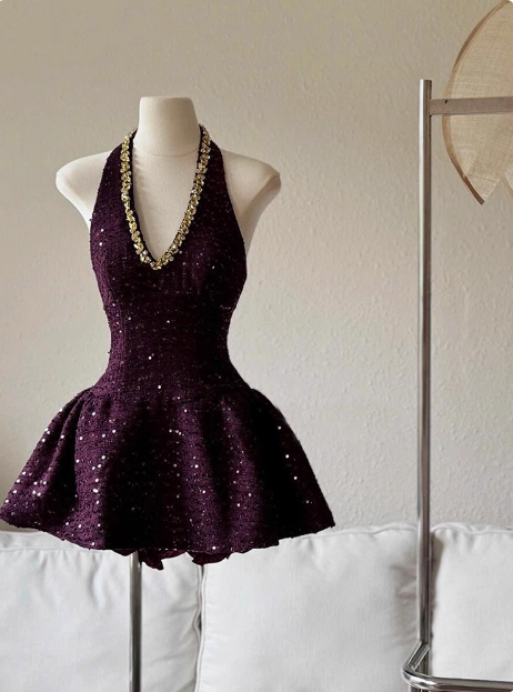 Heavy Diamond Purple Sequined Halter Neck A-line 19th Birthday Homecoming Dress cc3803
