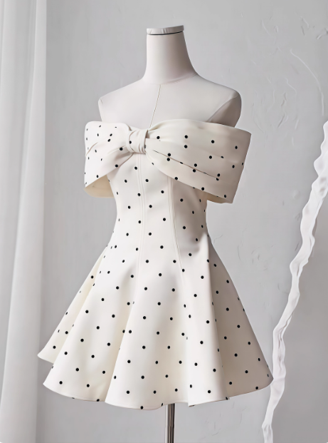 Sweet One-shoulder Bow Satin Polka Dot Puffy Birthday Skirt Homecoming Dress cc3804