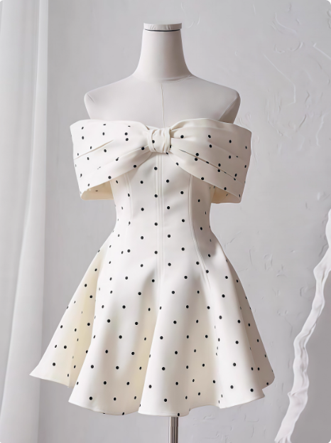 Sweet One-shoulder Bow Satin Polka Dot Puffy Birthday Skirt Homecoming Dress cc3804