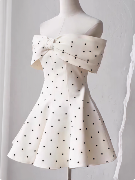 Sweet One-shoulder Bow Satin Polka Dot Puffy Birthday Skirt Homecoming Dress cc3804