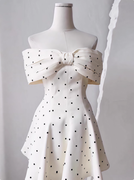Sweet One-shoulder Bow Satin Polka Dot Puffy Birthday Skirt Homecoming Dress cc3804