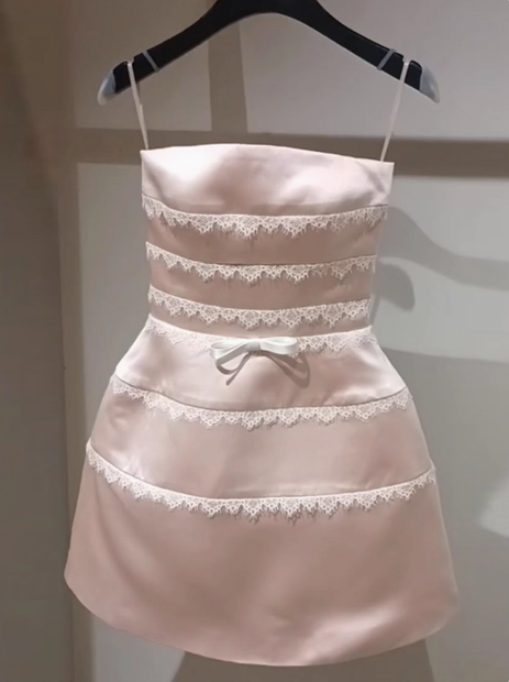 Cute Pink Suspender Satin Lace 17th Birthday Homecoming Dress cc3807