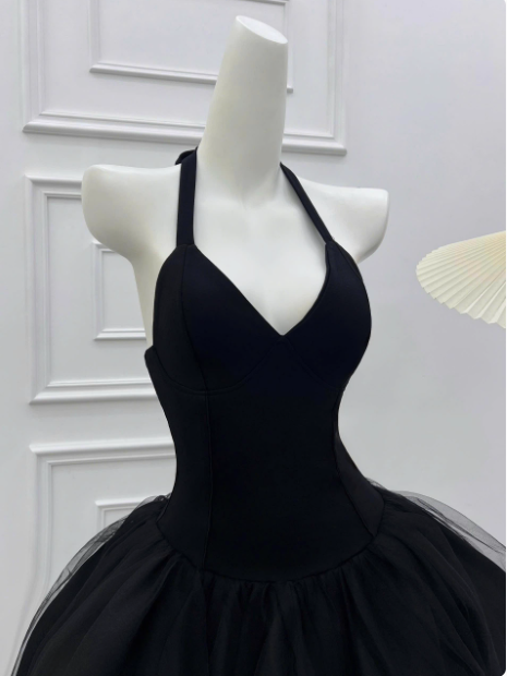 Beautiful Halterneck Black Mesh Splicing Puffy Birthday Dress Homecoming Dress cc3815
