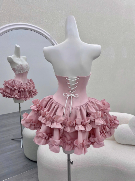 Princess Tube Top Fishbone Waist Ruffled Puffy Birthday Skirt Homecoming Dress cc3817