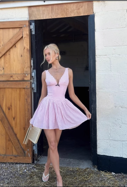 Cute Pink Deep V Polka Dot A-line Birthday Dress Homecoming Dress cc3822