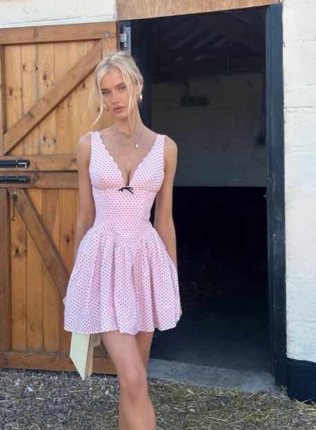 Cute Pink Deep V Polka Dot A-line Birthday Dress Homecoming Dress cc3822