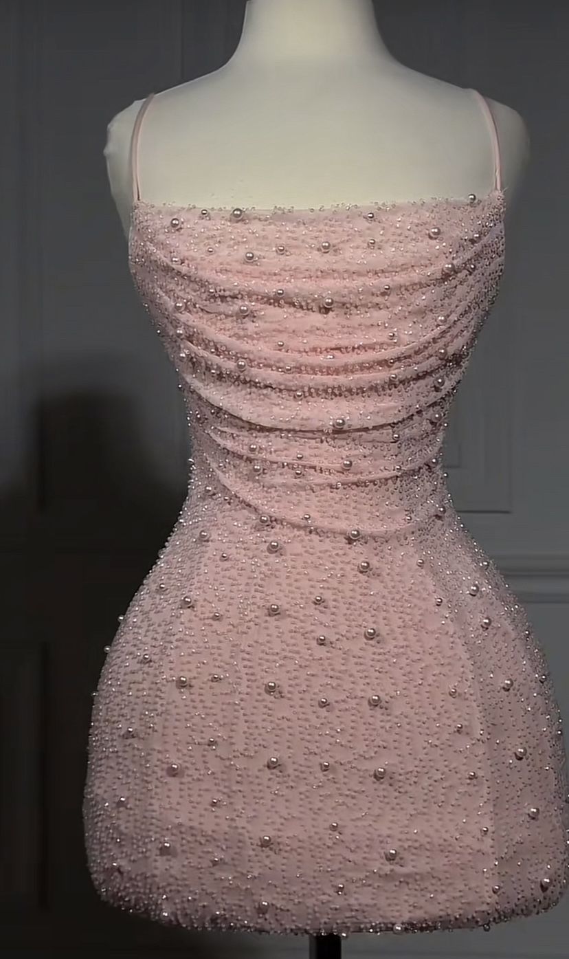 Sweet Pink Pearl Slim Fit Hip Mesh Birthday Party Homecoming Dress cc4398